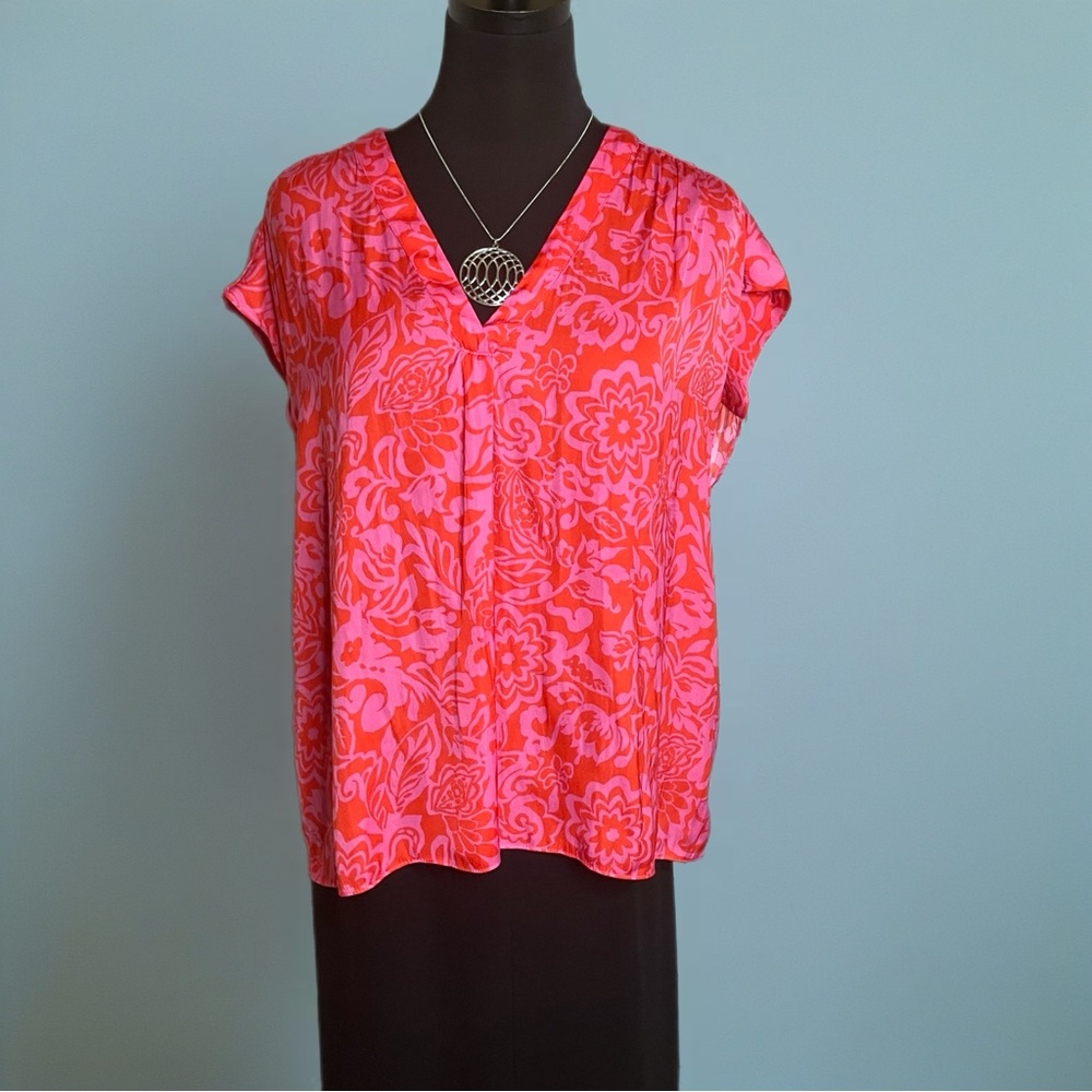 Rachel Roy Pink & Orange Floral V-Neck Blouse - Large